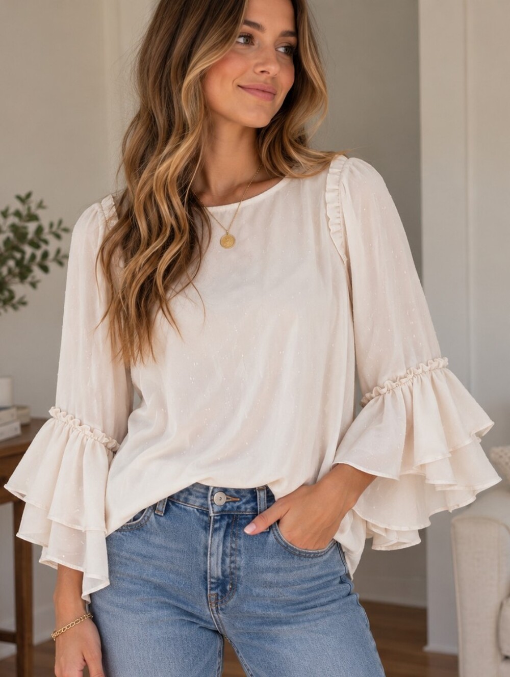 LC Lauren Conrad Cream Ruffle Sleeve Blouse